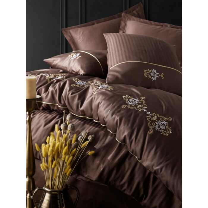 Brode Saten housse de couette 200x220cm brodé satin king brun