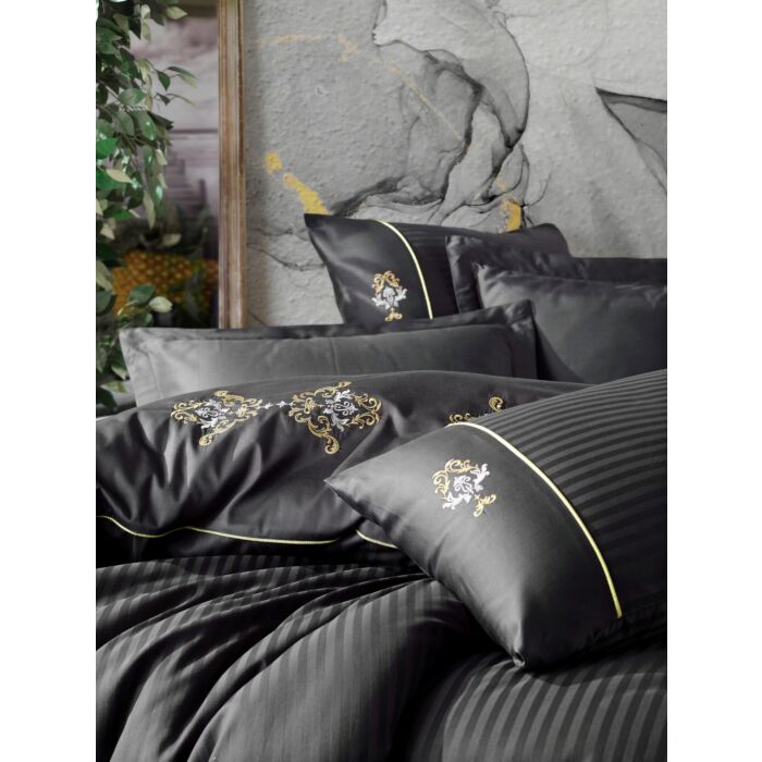 Brode Saten housse de couette 200x220cm brodé satin king anthracite
