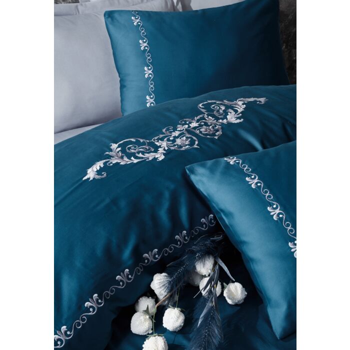 Brode Saten housse de couette 200x220cm brodé satin gloria bleu