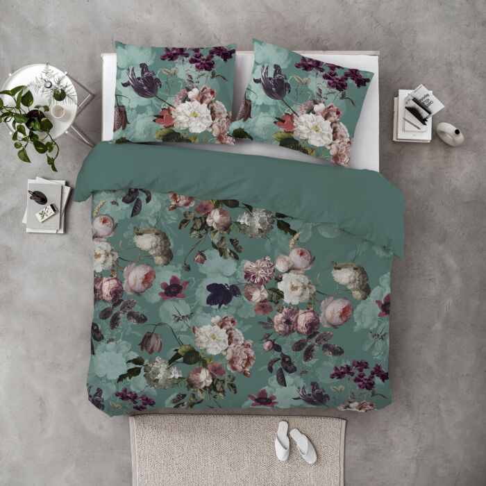 Flowers United dekbedovertrek 240x220cm turquoise