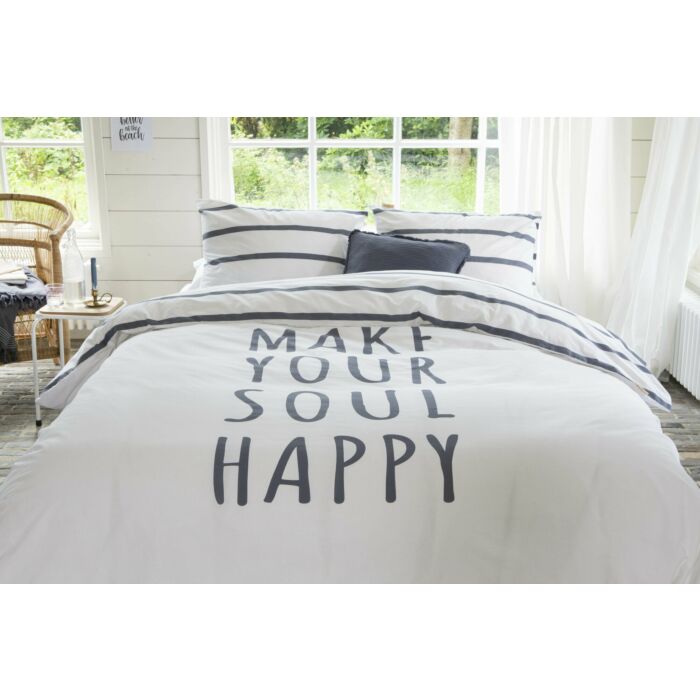 Happy Wake Up dekbedovertrek 200x220cm wit/blauw