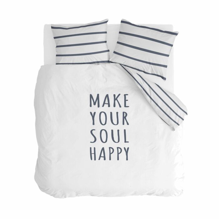Happy Wake Up dekbedovertrek 200x220cm wit/blauw