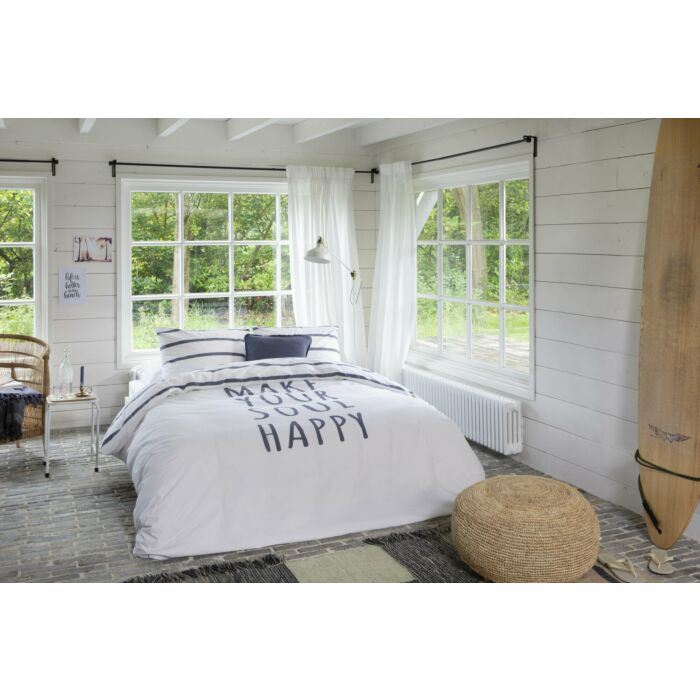 Happy Wake Up dekbedovertrek 200x220cm wit/blauw