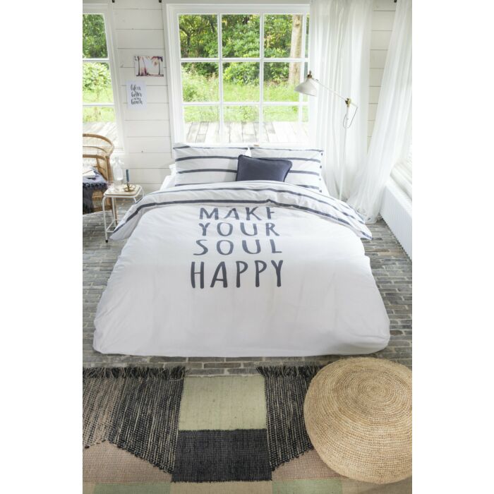 Happy Wake Up dekbedovertrek 200x220cm wit/blauw