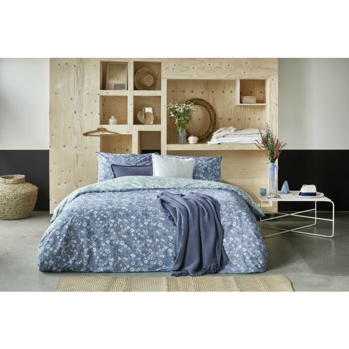 Retro Flowers dekbedovertrek 155x220cm blauw/jade